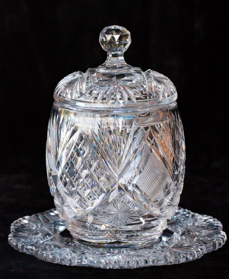 Incredible Libbey Harvard Jar Brilliant Cut Glass: This gorgeous biscuit jar, matching lid, and underplate were cut by Libbey in their earlier Harvard pattern. While I've only ever seen one other, Libbey used this blank early in the period and it's sh