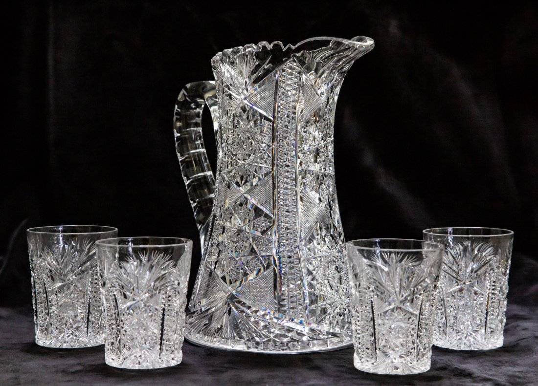 Rare Blackmer Columbia Water Set Brilliant Cut Glass: One of these most collectible designs of the period. Extremely unusual to find a full water set in this pattern - comes with 4 heavily-cut tumblers.