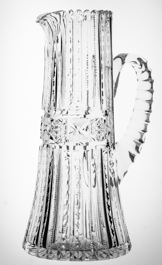 Great Bergen Monroe American Brilliant Cut Glass Pitcher: Great looking, but damaged pitcher in Bergen's Ivy. Pattern is also similar to Monroe's Sylph. Incredible blank and polish.