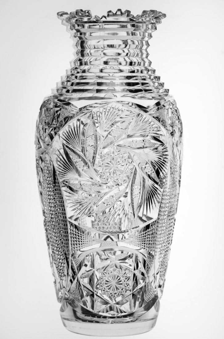 Awesome Meriden American Brilliant Cut Glass Vase: This vase is attributed to Meriden for a host of reasons - they cut this blank in many of their great patterns (Byzantine, Theodora, Albany), the hobnail vesica on the side is nearly identical to seve