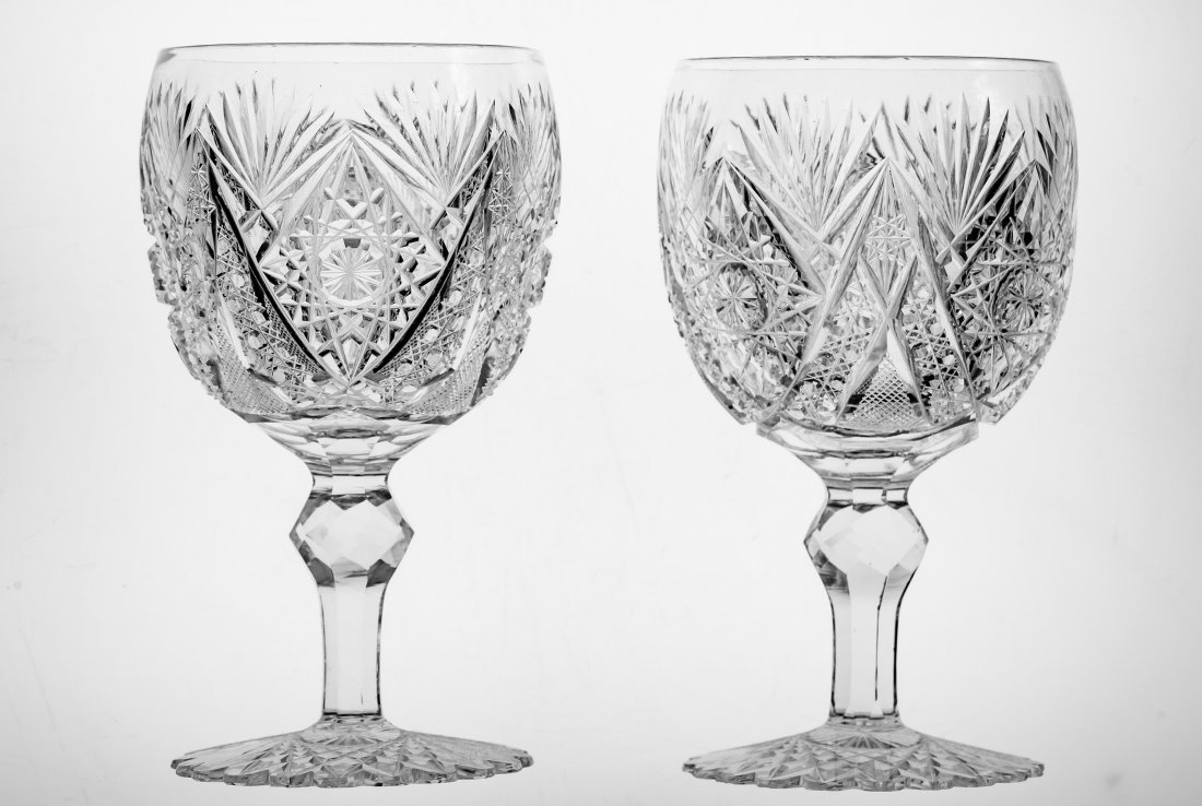 Pair Ribbon Star American Brilliant Cut Glass Goblets Crystal: This lot includes a pair of Ribbon Star goblets that are damaged on the base. This is an author-assigned pattern name, but I attribute the design to J. Hoare.