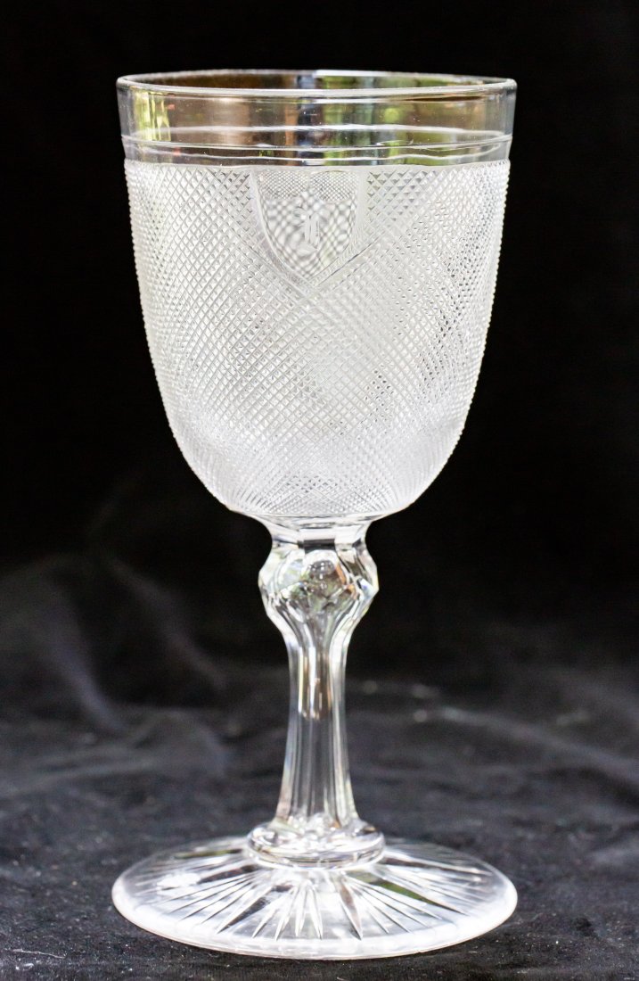 Old Dorflinger Goblet American Brilliant Cut Glass: This piece was cut during the early portion of the period and has the Dorflinger-style monogram in the cutting and Brooklyn Star base.
