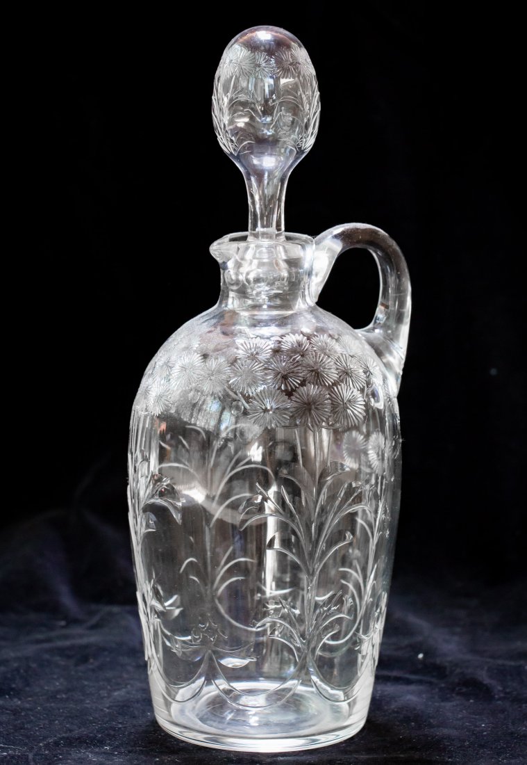 Nice Rock Crystal Engraved Cut Glass Decanter w Pattern Stopper: Great example of rock crystal, likely by Stevens and Williams with pattern cut stopper.