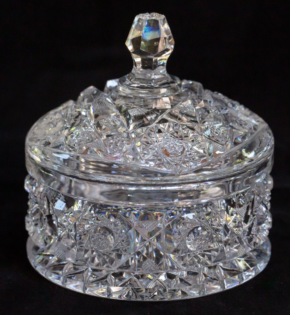 Beautiful Maple City Temple American Brilliant Period Cut Glass Box: This box is from a set of two (see lot 71 for its mate) - cut in the wonderful Temple design by Maple City. This is the smaller of the two boxes. Unusual to find boxes fully cut in a known pattern lik