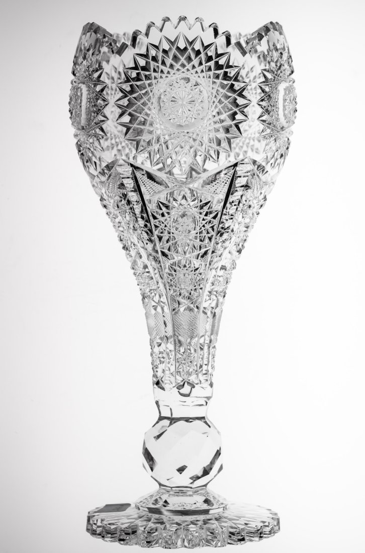 Kelly & Steinman Norway American Brilliant Cut Glass Chalice Vase: Always popular chalice vase cut by Kelly & Steinman in their Norman design. Nice lapidary knob and scalloped hobstar base.