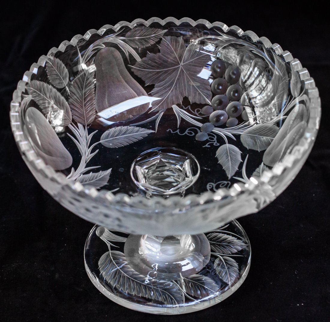 Pairpoint Mt. Washington Engraved Brilliant Cut Glass Compote Fruit Bowl: Awesome engraving by Mt. Washington/Pairpoint on this fruit bowl. Features deeply carved intaglio with pears, apples, and grapes. Nice St. Louis diamond neck and fully engraved base.