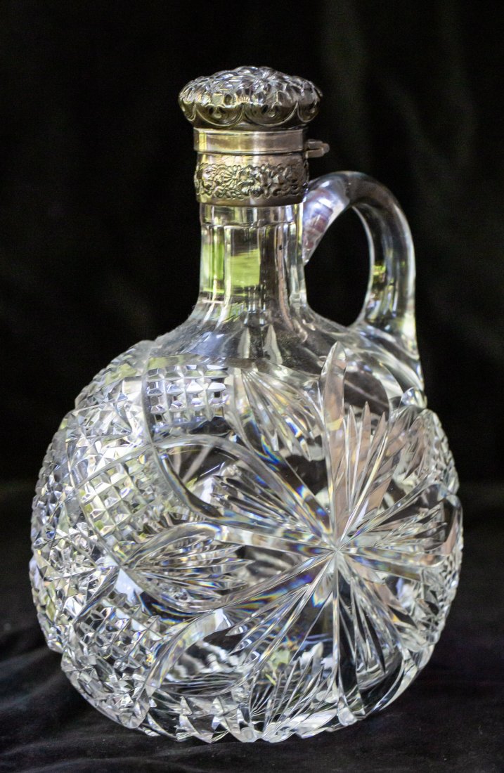 J. Hoare and Gorham Sterling Silver Brilliant Cut Glass Whiskey Jug: Beautiful ovoid whiskey cut by J. Hoare with locking Gorham sterling flip top.