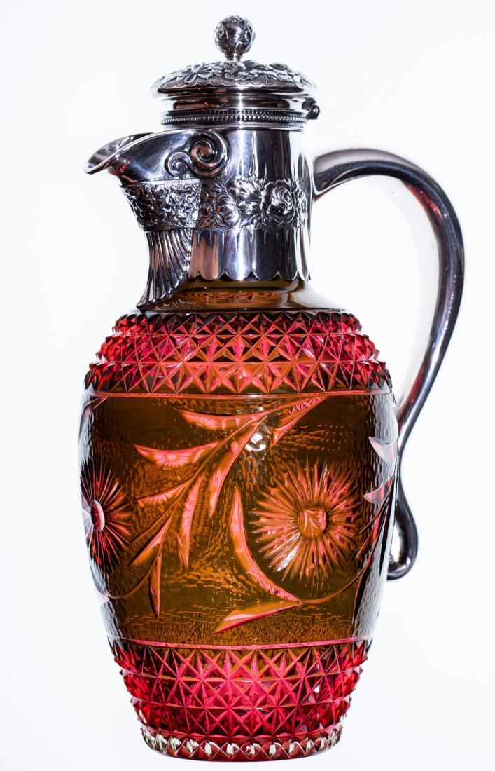 Stevens & Williams Gorham Sterling Silver Cut Glass Ewer Green/Cranberry: The ultimate Christmas gift! Truly fantastic cased emerald green cut to cranberry ewer by Stevens and Williams. Beautiful floral engraving on all sides of the decanter with crosscut bands framing it o
