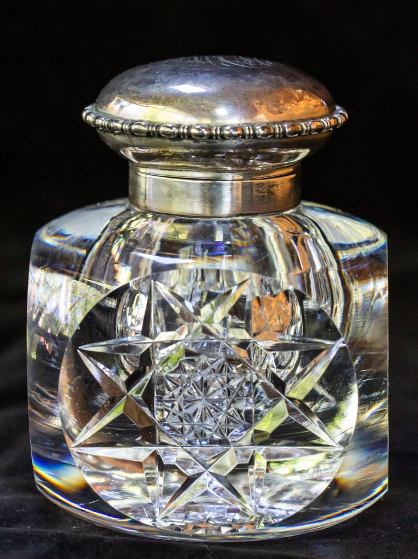 Nice, Heavy American Brilliant Cut Glass Inkwell with Gorham Sterling Silver: Nice inkwelll on a very heavy blank with 8-pointed hoobstar formations oon all sides. Full hobstar on base and Gorham Silver flip cap.