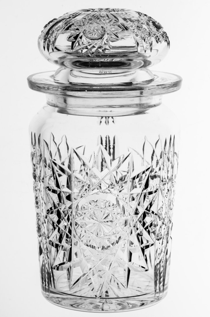 Dorflinger Celtic Cigarette Tobacco Jar American Brilliant Cut Glass: Great looking Dorflinger humidor cut in Celtic design.