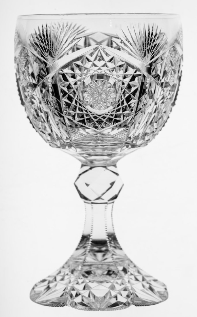 Incredible Libbey Wedgemere Petticoat-based Goblet Brilliant Cut Glass: From a custom order with polished, engraved monogram "FMF" or "CMC." As good as it gets when it comes to stemware. Signed Libbey in the bowl of the stem, heavy petticoat base cut with stylized hobstar