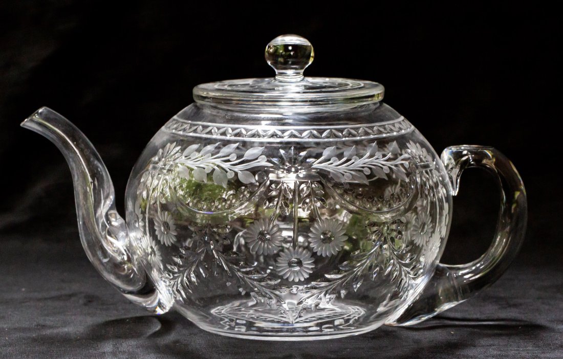 Rare Pairpoint Derbyshire Brilliant Cut Glass Teapot: Cut glass teapots are exceedingly difficult to find - this one was cut and engraved in Pairpoint's Derbyshire. Very few of these survived with original spouts, lids and no damage!