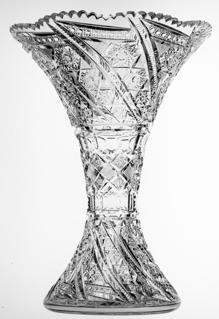Incredible Bergen Scroll American Brilliant Cut Glass Vase: Extremely impressive vase cut by Bergen in their Scroll design - this piece is shown in their advertisements and was a point of bride for the company. Really great blend of shape and design - somethin