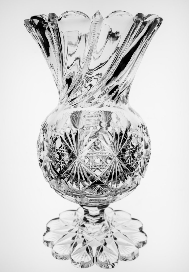 Extremely Rare J. Hoare Croesus Footed Vase American Brilliant Cut Glass: A truly rare form and pattern from the early days of J. Hoare. Exact piece shown in the J. Hoare catalog. Fantastic expanding, swirling tusk neck and rim. Globe portion of the vase features squares of