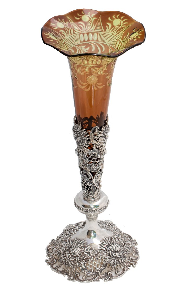 Spectacular Stevens & Williams Two Color Caldwell Sterling Silver Cut Glass Vase: Unbelievable and rare two color piece by Stevens & Williams. The color combination looks to be amethyst cased over gold resulting in a stunning, almost root beer-like effect. Equally impressive as the