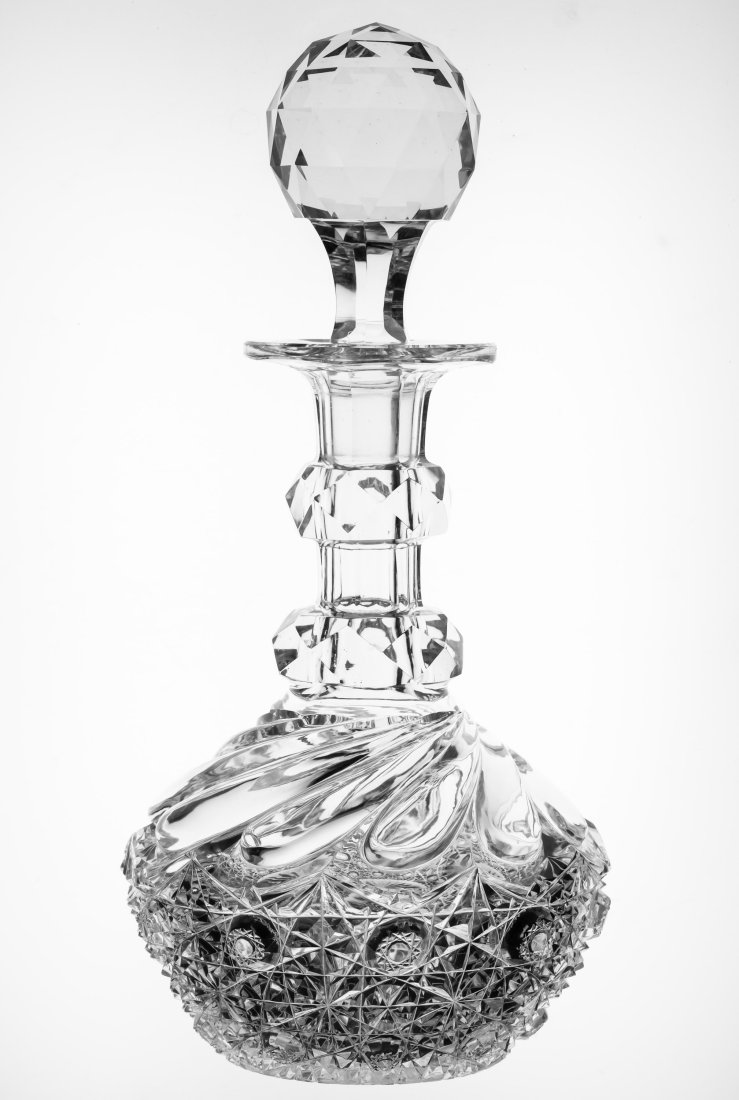 Amazing J. Hoare Crystal American Brilliant Cut Glass Decanter: Unbelievable top-tier quality decanter by J. Hoare cut in the early part of the Brilliant Period. The name of the design is "Crystal" and it features gorgeous, deeply cut swirling tusks. The base port
