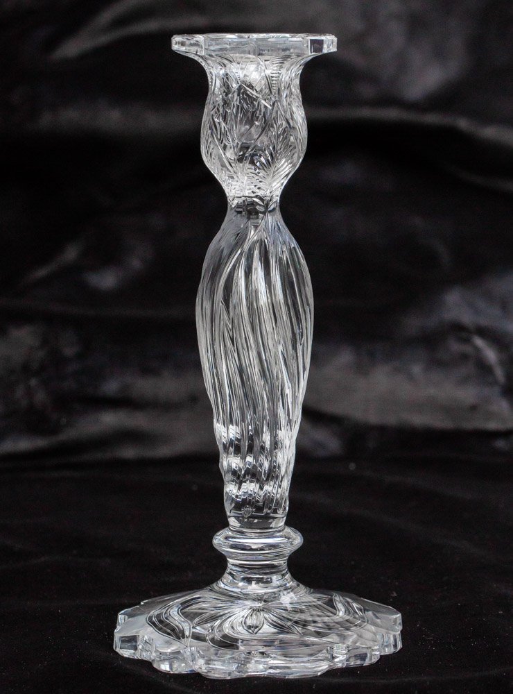 Elegant Hawkes Gravic American Brilliant Cut Glass Candlestick Engraved: This is the only Hawkes Gravic candlestick I've ever seen. The whole piece prevents like a flower - with the stem being wrapped in the leaves and the holder being the flower. I find the form and desig