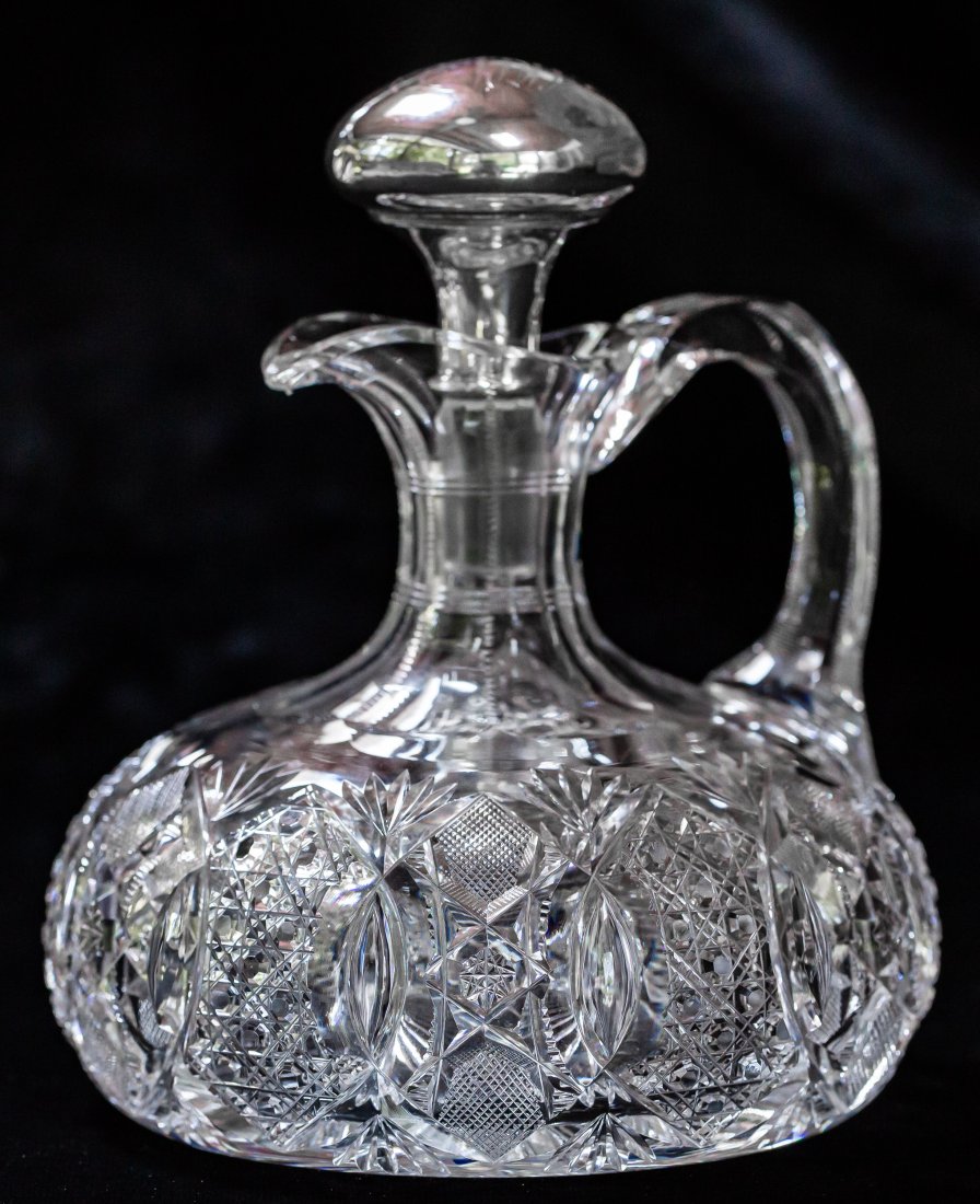 Awesome J. Hoare Silver Stopper Brilliant Cut Glass Decanter w Tusk: Beautiful piece of J.Hoare work with clear tusks throughout. This piece is shown in the Gorham Archives! High quality blank and design
