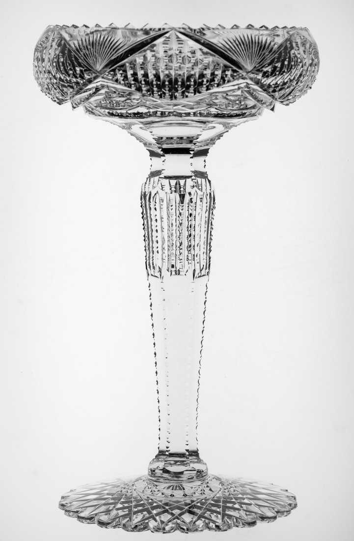 Incredible, Tall Pairpoint Meteor American Brilliant Cut Glass Compote: Really top-tier quality compote by Pairpoint in the Meteor pattern. The blank is very heavy, exceptionally clear, and cutting quite sharp and accurate - note the tight fans. Great extension of pattern