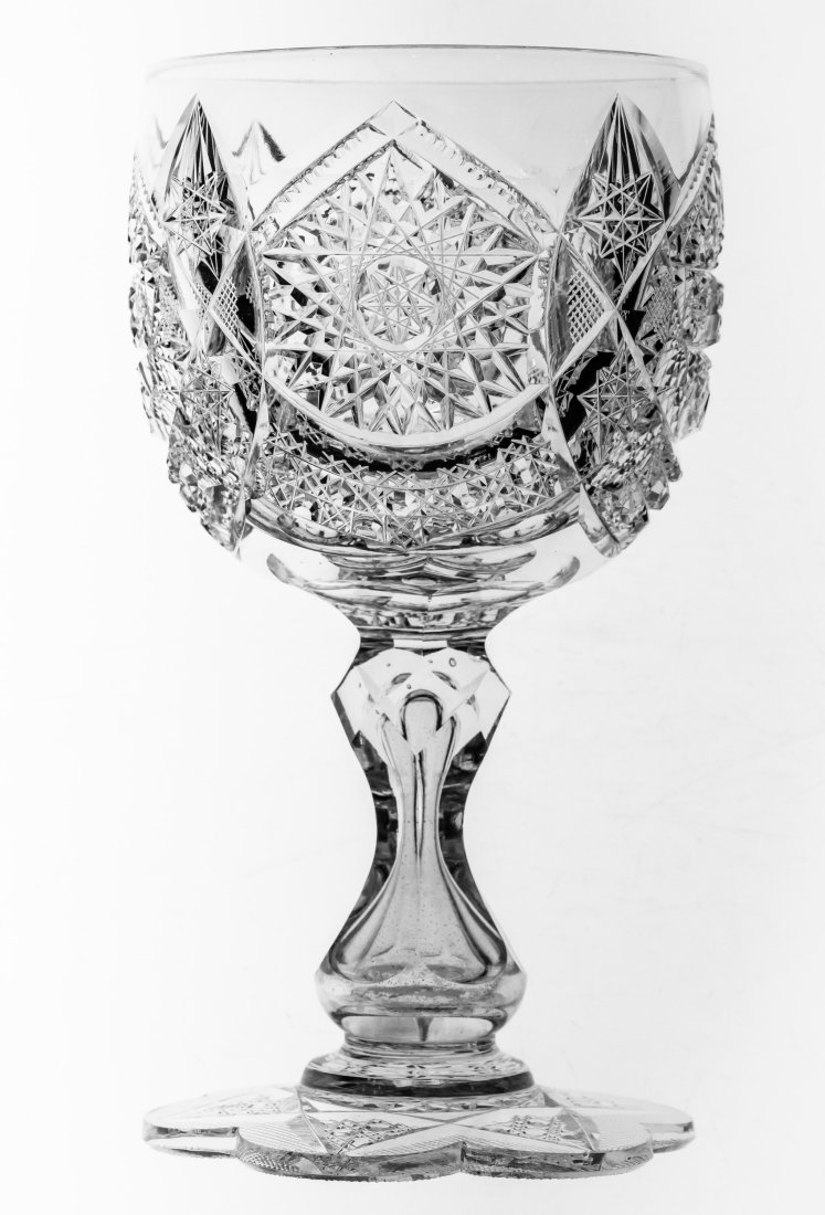 Incredible American Brilliant Cut Glass Goblet with Pattern Cut Base: These are some of the best stems of the Brilliant Period - featuring fully cut pattern bases. Nobody knows who made them, but they are stunning examples and are shown in the Marshall Field catalog.