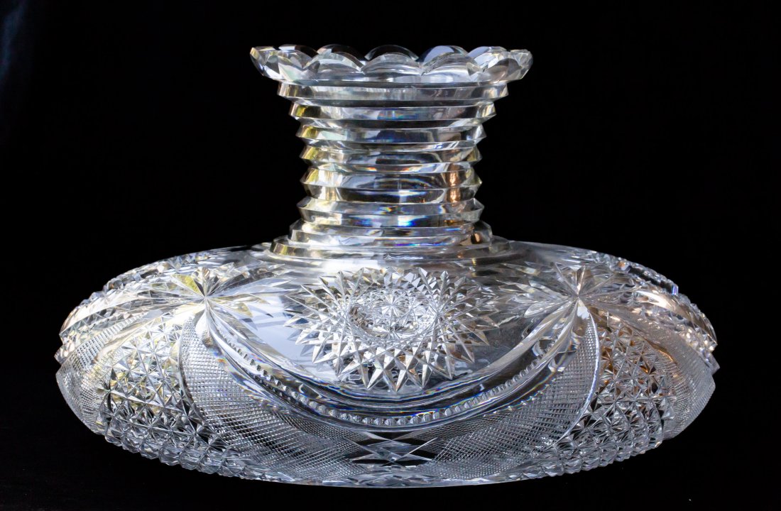 Massive Oversized Straus Richmond/Drape American Brilliant Cut Glass Flower Center: One of the largest flower centers ever made by Straus cut in their highly-collectible Richmond/Drape design. Pattern displays so well on this piece and gigantic hobstar base! The vase weights 22 pound