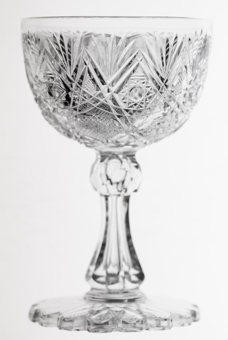 Stellar Clark Baker's Gothic American Brilliant Cut Glass Water Goblet: Beautiful goblet cut in Clark's Baker's Gothic with fully cut, advanced hobstar base! Large size! Lot 137 is matching wine glass.