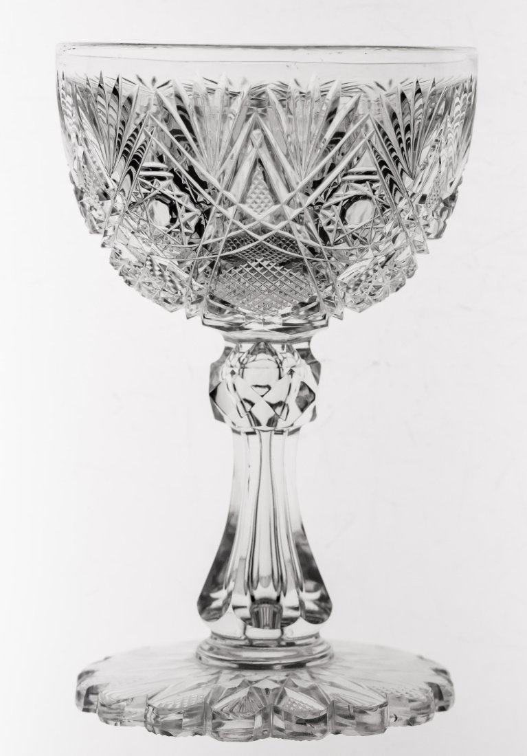 Stellar Clark Baker's Gothic American Brilliant Cut Glass Wine Glass: Beautiful wine cut in Clark's Baker's Gothic with fully cut, advanced hobstar base! Large size! Lot 136 is matching Goblet.