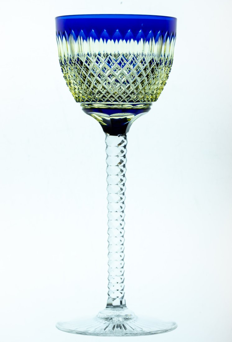 Rare Cobalt to Amber American Brilliant Cut Glass Crystal Rhine Wine: Unusual color combination cut cobalt to amber to clear. Likely European in origin from Stevens & Williams, Val St. Lambert, or St. Louis Crystal. Great multi-facet cut stem.