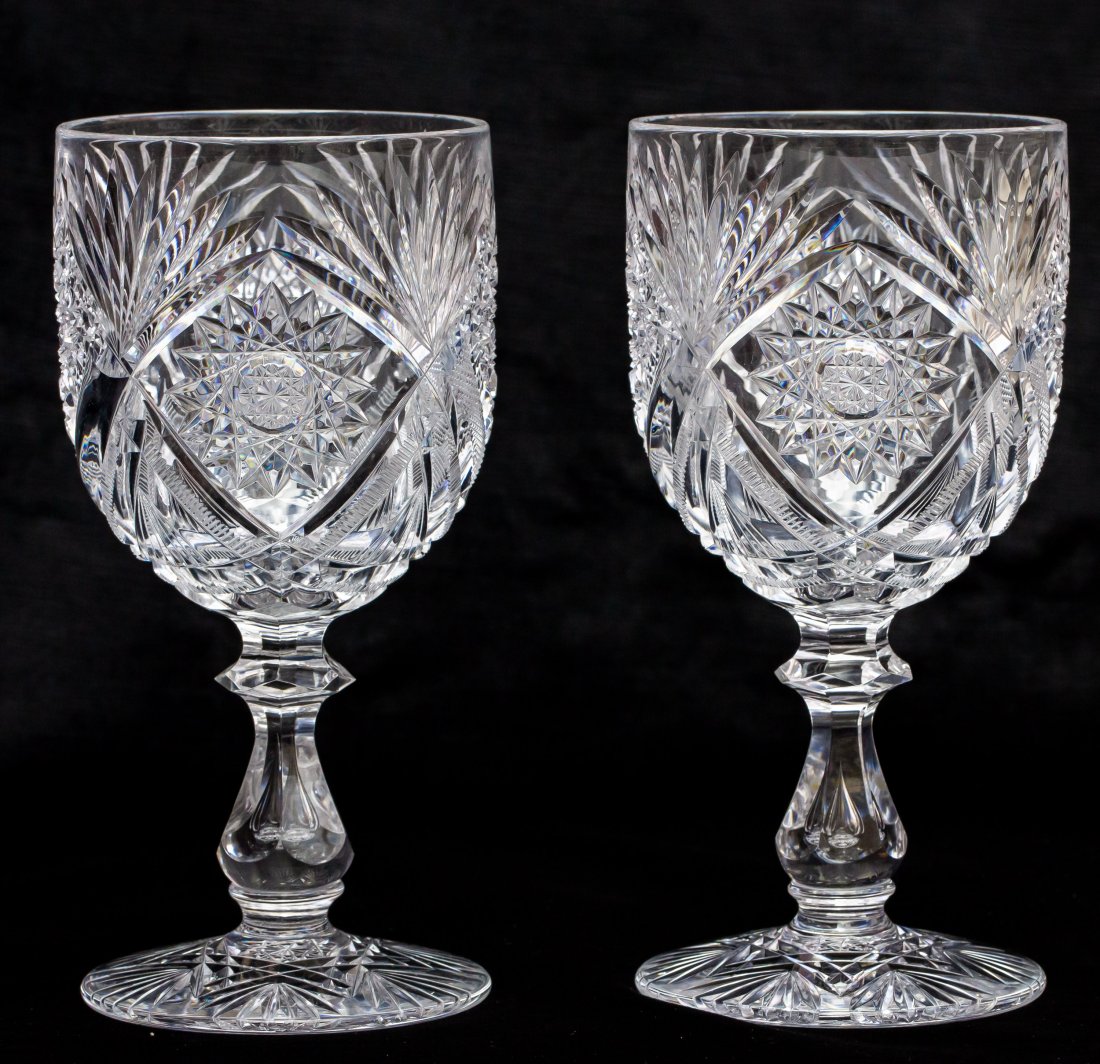 Incredibly Pair of Rare Straus La Rabida American Brilliant Period Cut Glass Goblets: One of the best and most difficult to find designes by L. Straus - La Rabida. Unbelievable tiny Russian cutting fits into a diamond shaped field bordered by clear-tusk cutting. An unbelievable amount 