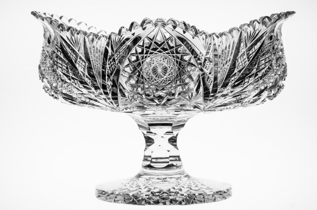 Awesome Pairpoint Powhattan Brilliant Cut Glass Blowout Compote: Just love the shape and cutting footed blowout bowl cut by Pairpoint - shown exactly in their catalog. Note all the fine detail and honeycomb stem.