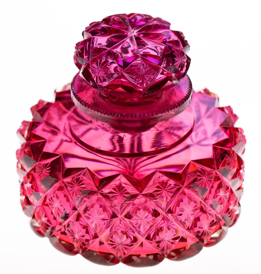 Unusual Cranberry/Magenta Brilliant Cut Glass Dresser Jar Cologne Bottle: Very unusual color - magenta with almost a blue undertone to it! With original matching color stopper.