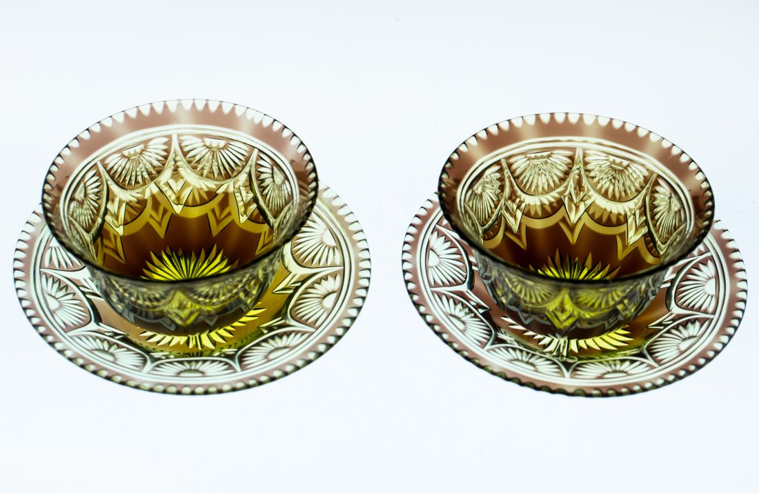 Rare Pair of Stevens & Williams Two Color Brilliant Period Cut Glass Roman Punch Cups: Very rare example of colored Stevens & Williams glass - a pair of Roman punch cups in amethyst over amber.