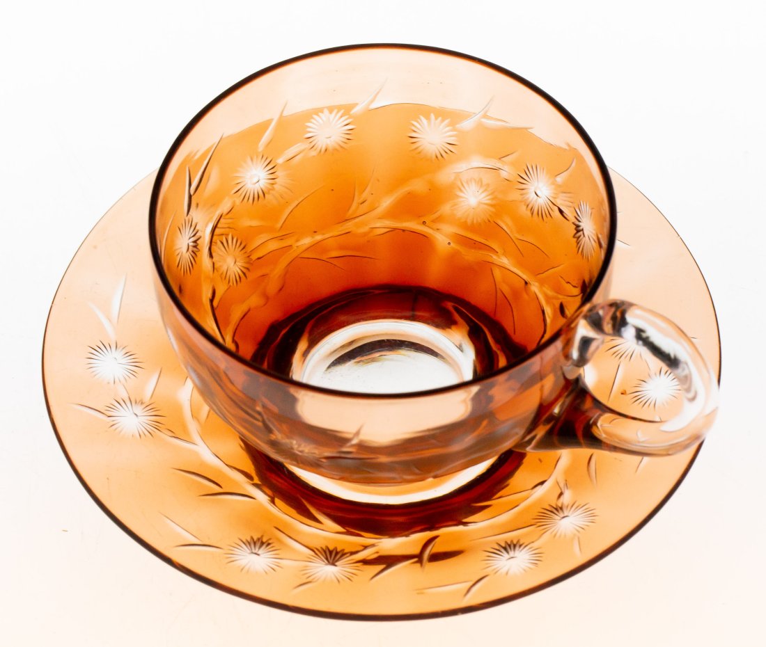 Extremely Rare Stevens & Williams Poppy Brilliant Cut Glass Tea Cup: Really rare poppy color on this two piece tea cup by the masters at Stevens & Williams - copper wheel engraved on both pieces! Last picture shows this item and lot 96 together - same pieces, different