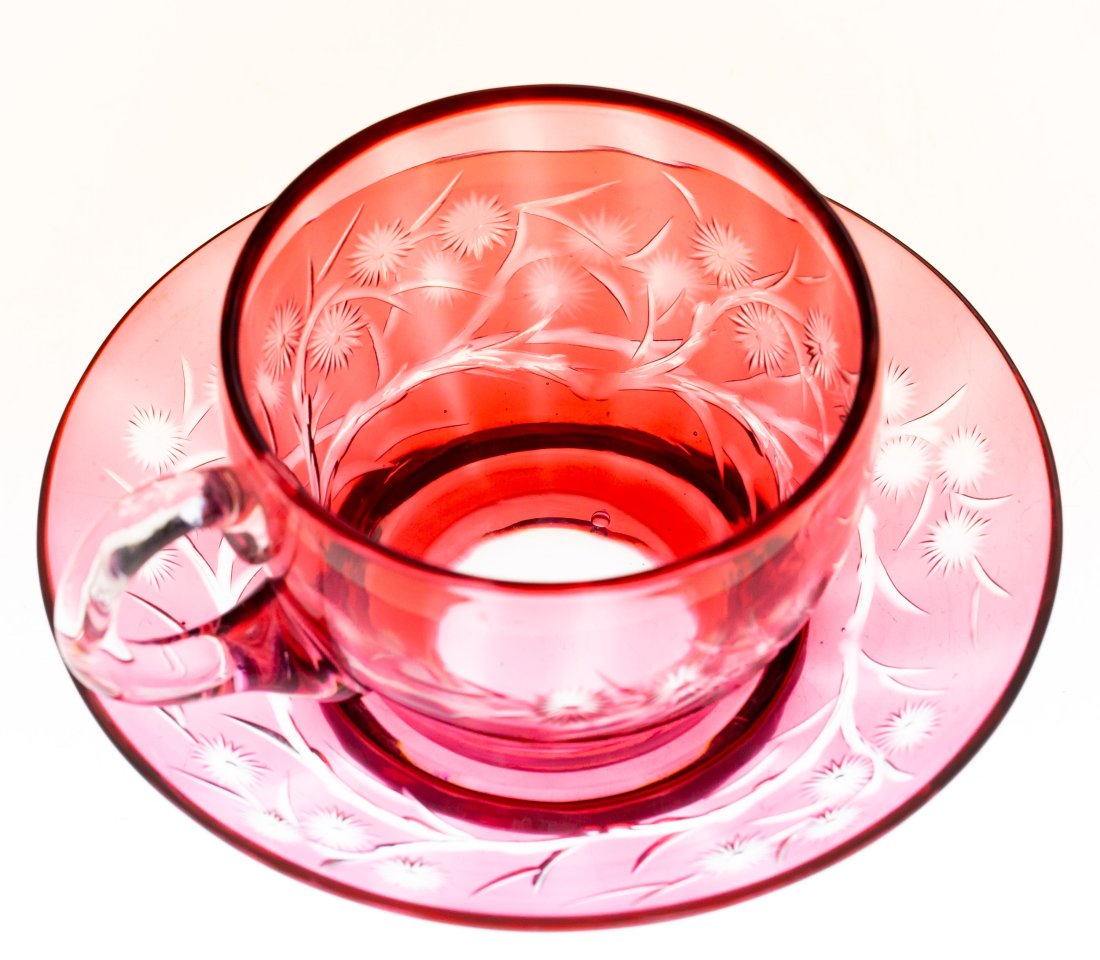 Extremely Rare Stevens & Williams Cranberry Brilliant Cut Glass Tea Cup: Rare cranberry color on this two piece tea cup by the masters at Stevens & Williams - copper wheel engraved on both pieces! Last picture shows this item and lot 96 together - same pieces, different co
