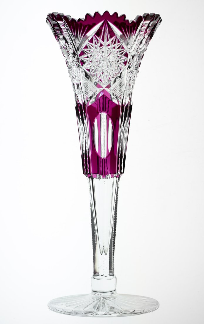 Rare Color Amethyst Val St. Lambert Brilliant Cut Glass Trumpet Vase: Rare color by Val St. Lambert - strong amethyst cut on this vase shown exactly in the catalog.