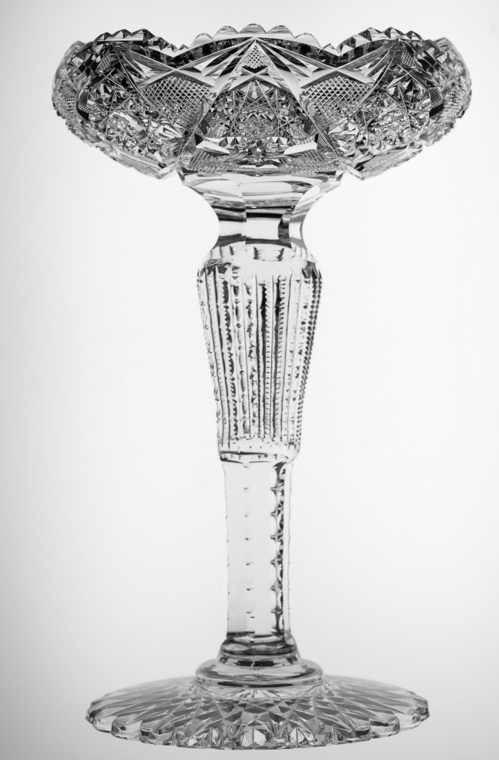 High Quality American Brilliant Period Cut Glass Compote: Very well done compote with solid stem cut with notching and scalloped hobstar base.
