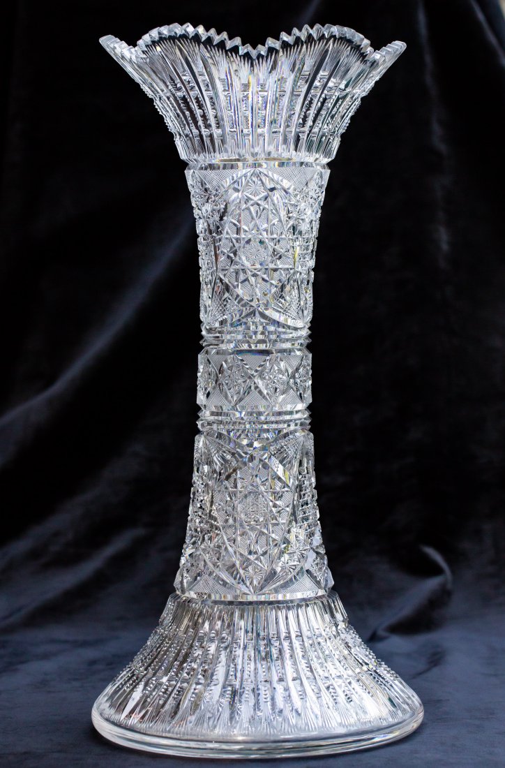 Enormous, Gigantic Pitkin & Brooks American Brilliant Cut Glass Corset Vase: This is as great of a vase as any, but the size makes it incomparable. It's cut in the Beverly pattern by Pitkin & Brooks and is shown exactly in this shape and size in the catalog. Wide variety of mo