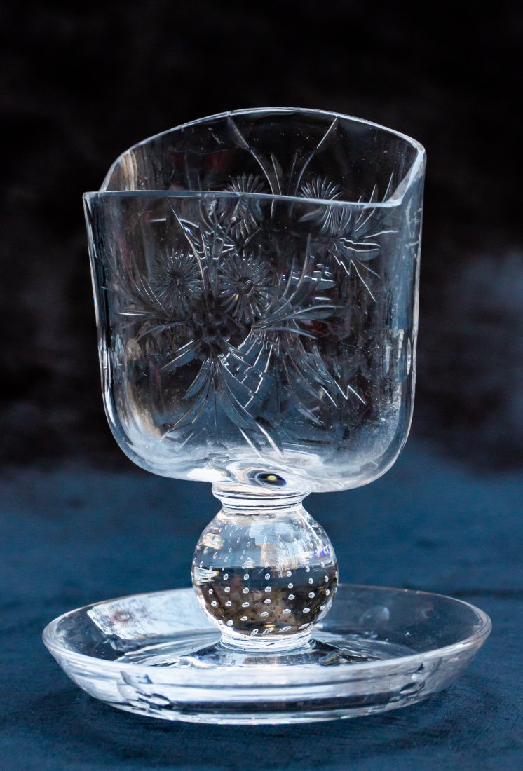 Pairpoint American Brilliant Cut Glass Card Holder Rare Item: These are very hard to find - a footed card holder by Pairpoint with controlled bubble attachment and rock crystal engraving. I think the front of this piece may have been professionally trimmed, but 