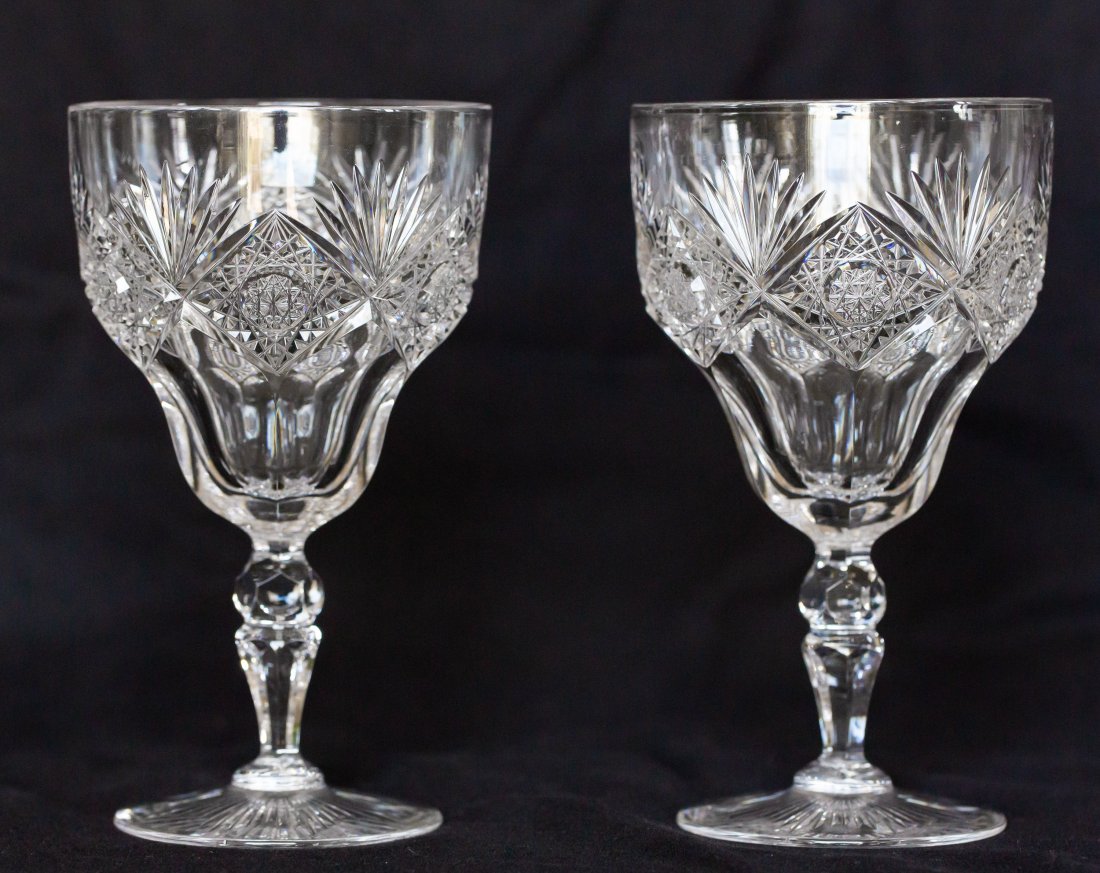Awesome Huge Hawkes Marquise Brilliant Period Cut Glass Goblets: These huge goblets are cut in the Marquise design by Hawkes. I love the unique, elegant shape of these and how the clear flute cutting reveals the thickness of the blank - when filled with a colorful 