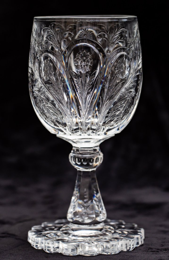 Top Quality Rock Crystal American Brilliant Cut Glass Goblet Fritsche? Hawkes?: This is an exceptional example of fine rock crystal engraving, similar to the style of Fritsche - with clear tusks and polished engraving throughout. Incredibly heavy with a giant, solid stem.