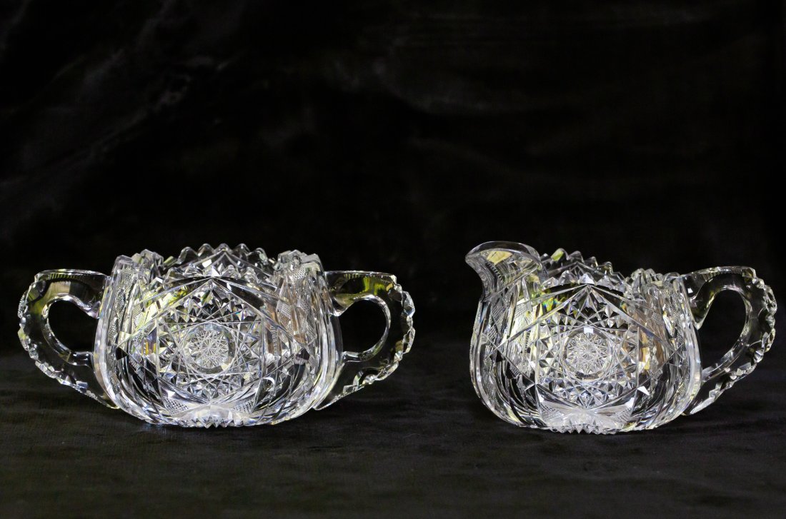 Rare Early Libbey Wedgemere American Brilliant Period Cut Glass Cream & Sugar: Great example of the deeply cut, early Wedgemere design by Libbey. Features particularly deep hobstars and clear tusk throughout - interestingly on the front of the creamer, they've included two extra