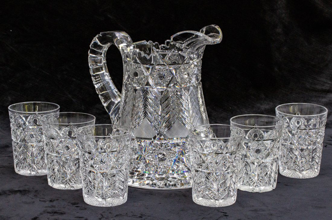 Spectacular Ohio Fern American Brilliant Period Cut Glass Pitcher Set (1 of 7)
