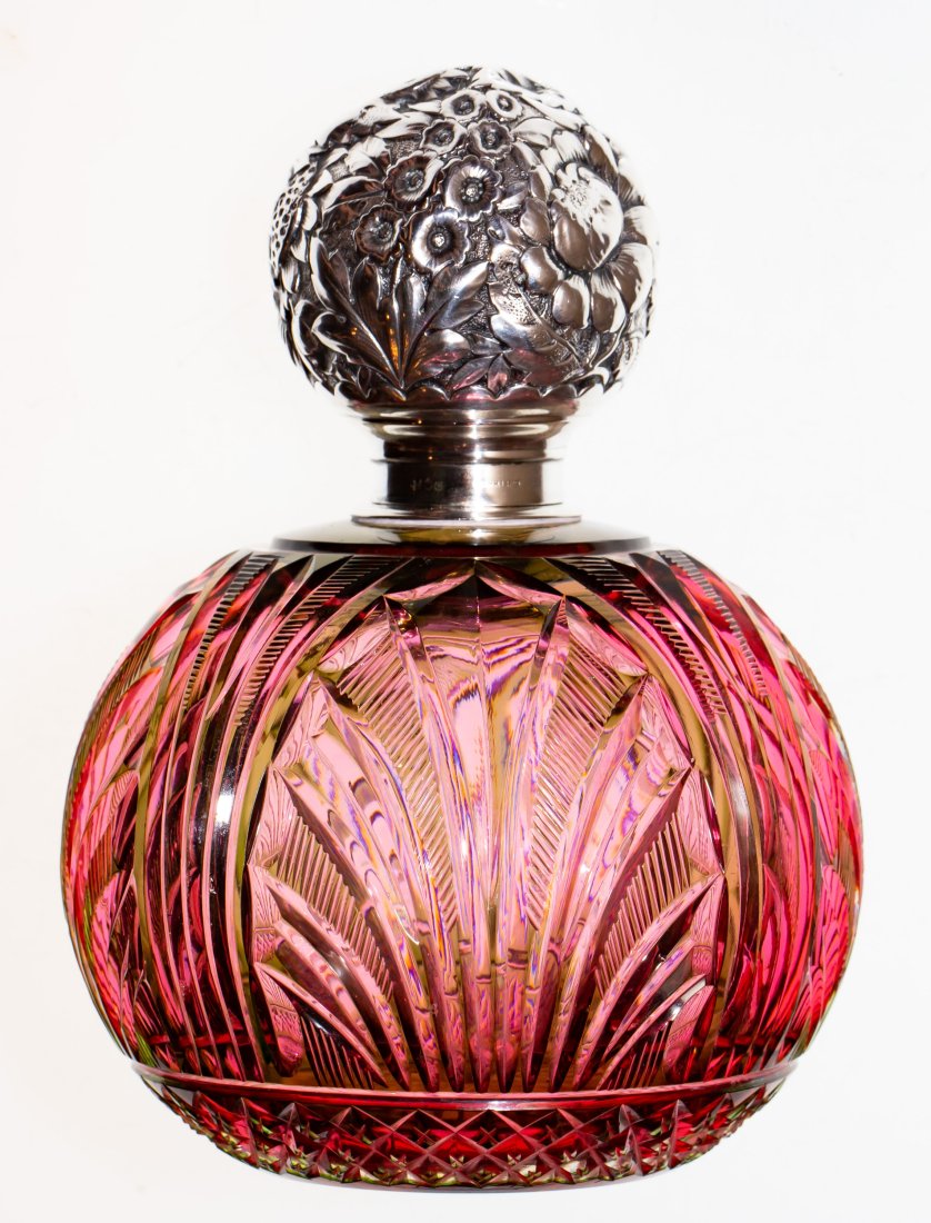 Exotic Stevens & Williams Green/Cranberry Cut Glass Cologne Bottle Gorham Sterling Silver (1 of 6)