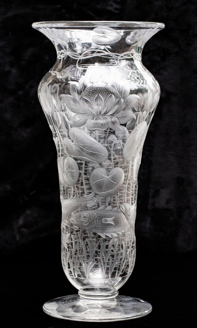 Sinclaire Masterful Engraved Fish American Brilliant Cut Glass Vase (1 of 8)