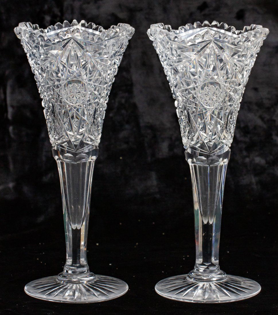 Pair of Short American Brilliant Period Cut Glass Trumpet Vases (1 of 3)
