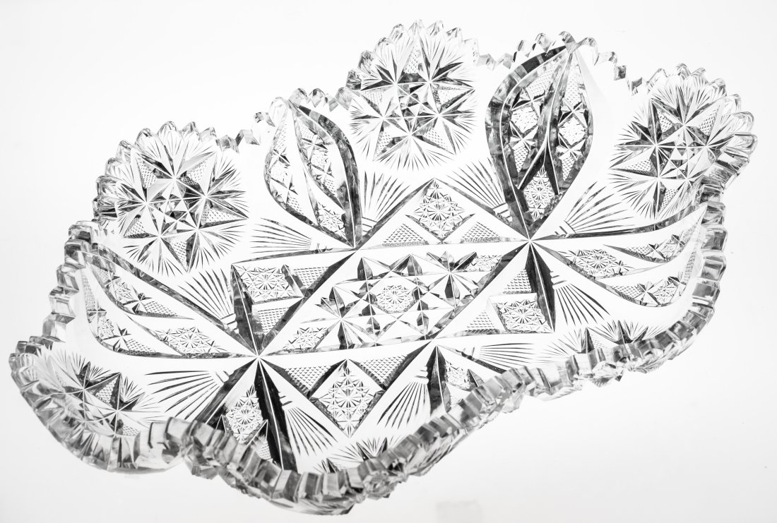 Unusual Pitkin & Brooks Rajah American Brilliant Cut Glass Blowout Ice Cream Tray: Fantastic example of Pitkin & Brooks in their Rajah design featuring an unusual blowout blank. The interior cutting of the Rajah stars is extremely pronounced and sharp - could cut your hand!