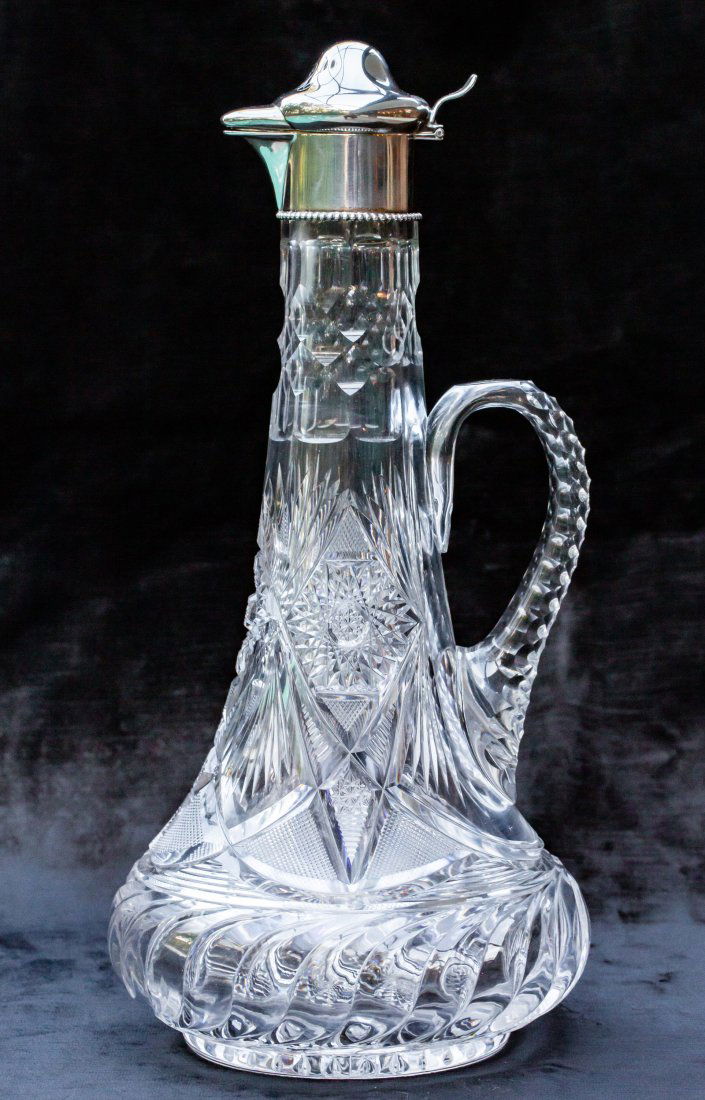 Stunning Cut Glass Ewer w/ Swirling Tusks and Redlich Sterling Flip Top (1 of 8)