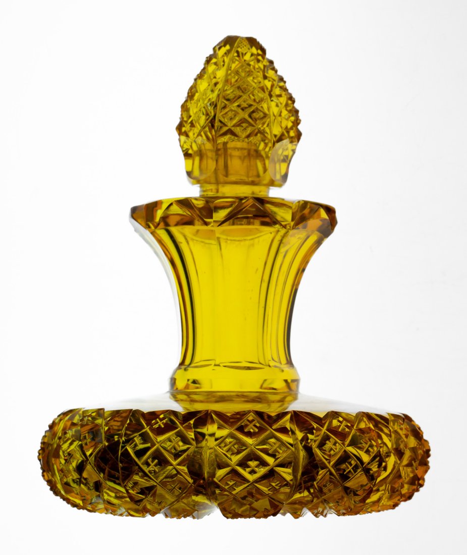 Gorgeous Amber/Gold Cut Glass Cologne Perfume Bottle w/ Unusual Stopper (1 of 5)