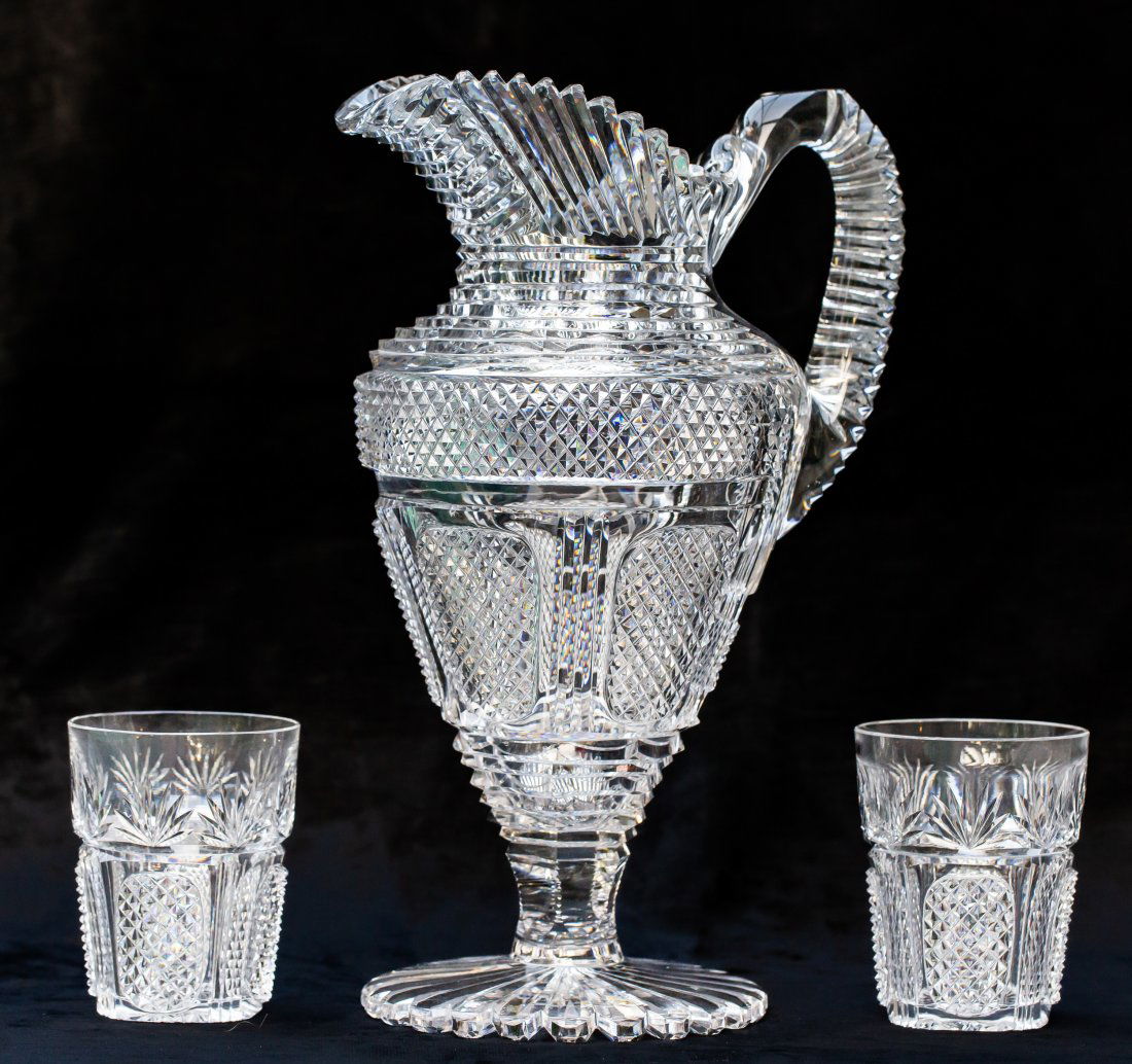 Stately Meriden Old Irish American Brilliant Cut Glass Footed Pitcher set (1 of 8)
