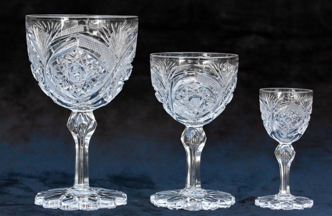 Fantastic Old J. Hoare Stemware Suite American Brilliant Cut Glass: Wonderful old J. Hoare stemware including a goblet, a wine, and a cordial in a pattern that's reminiscent of Hoare's Wedding ring. With interlocking ribbons of a variety of cutting, each of these stem
